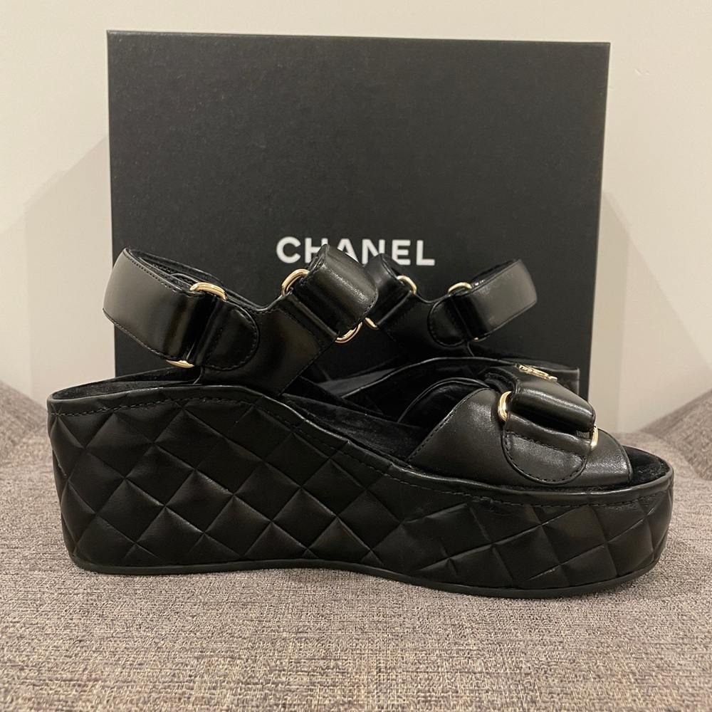 Chanel Platform Quilted Dad Sandals - Black Leather, Gold CC hardware - Picture 6 of 15